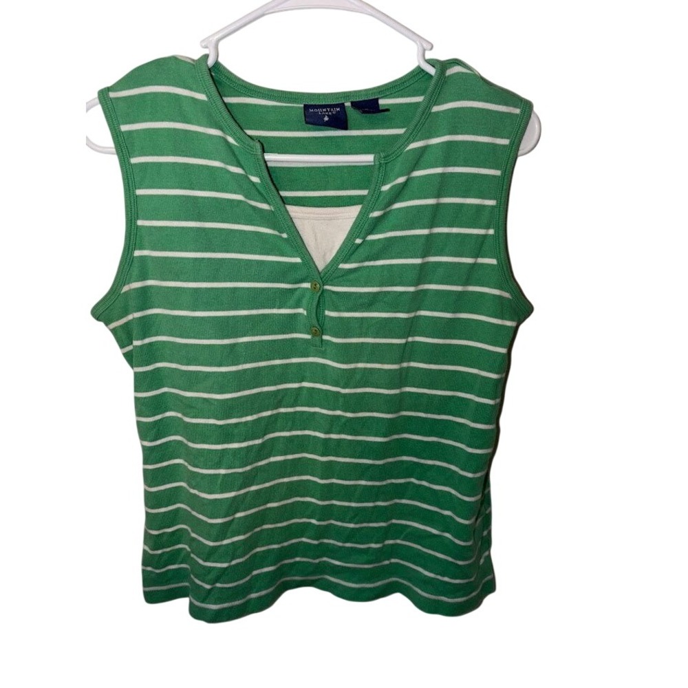 Mountain Lake Vintage Green White Striped Sleeveless Henley Top Womens Medium